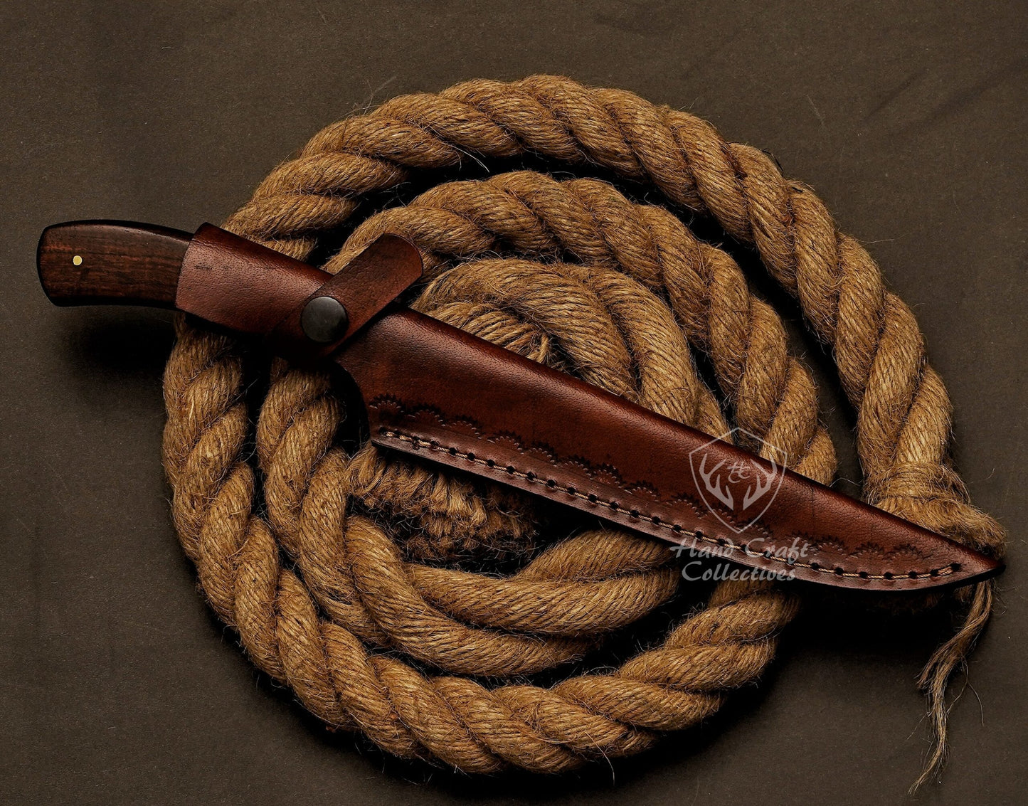Handmade Damascus Steel Fillet Knife – 13" with Rose Wood Handle & Leather Sheath -6