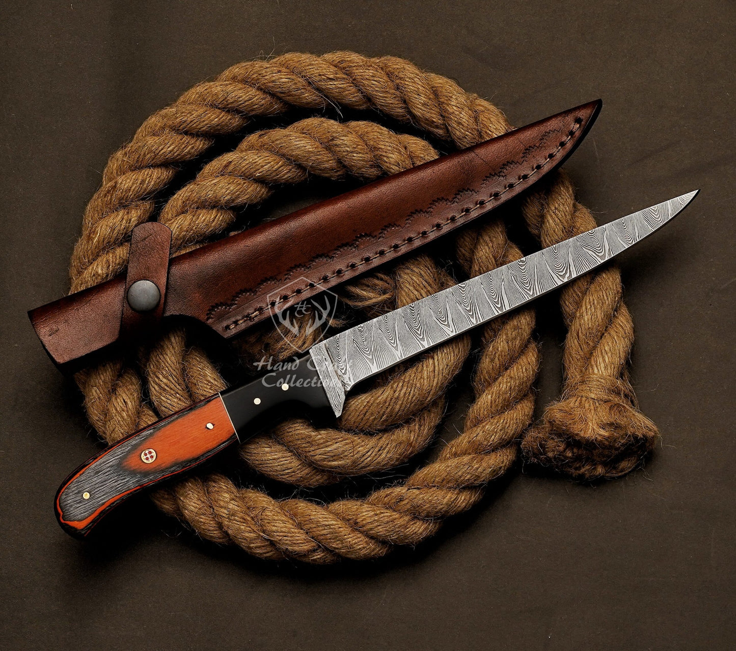 Handmade Damascus Steel Fillet Knife – 13" with Exotic Wood Handle & Leather Sheath -7