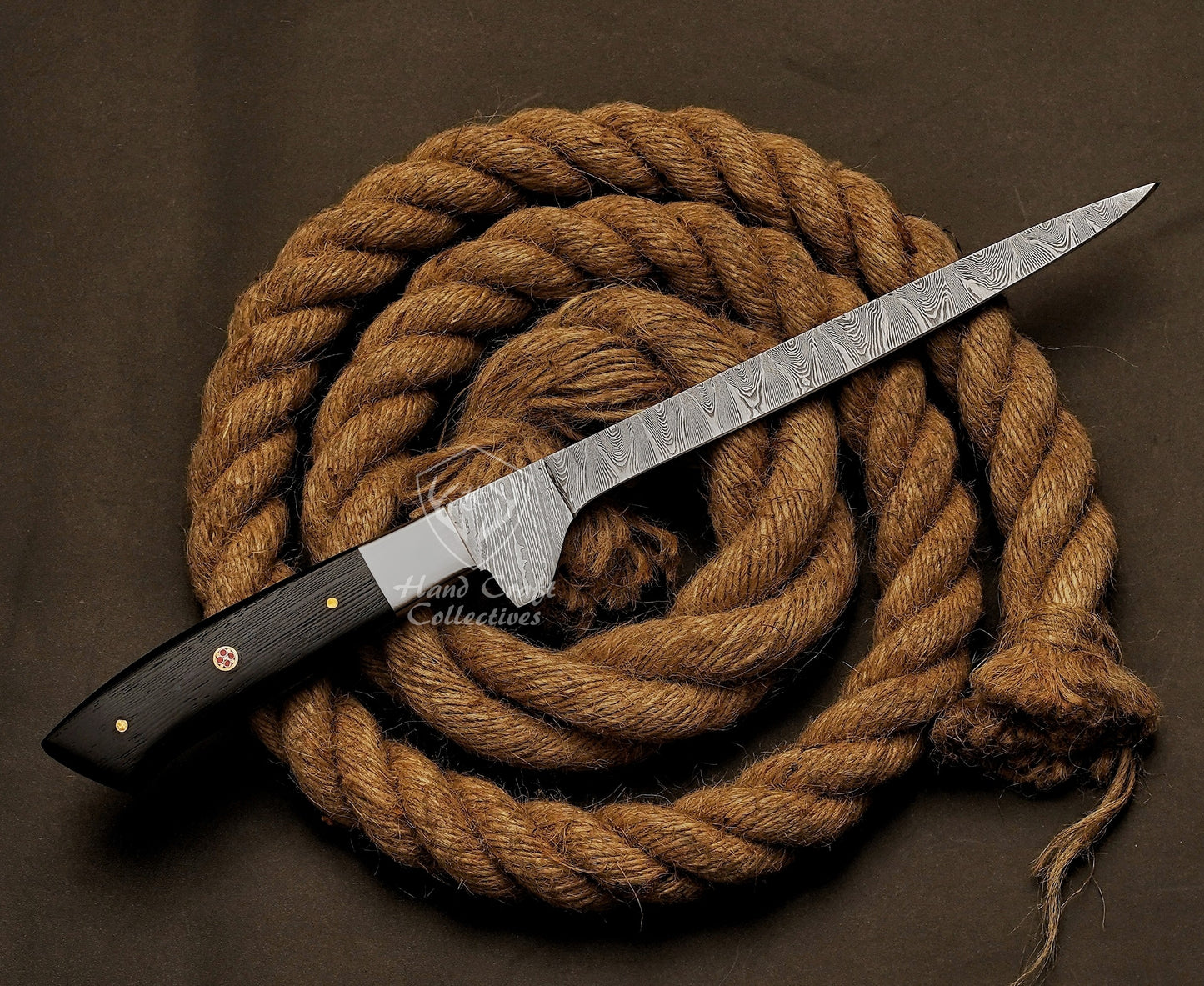 Handmade Damascus Steel Fillet Knife – 13" with Wange Wood Handle & Leather Sheath -8