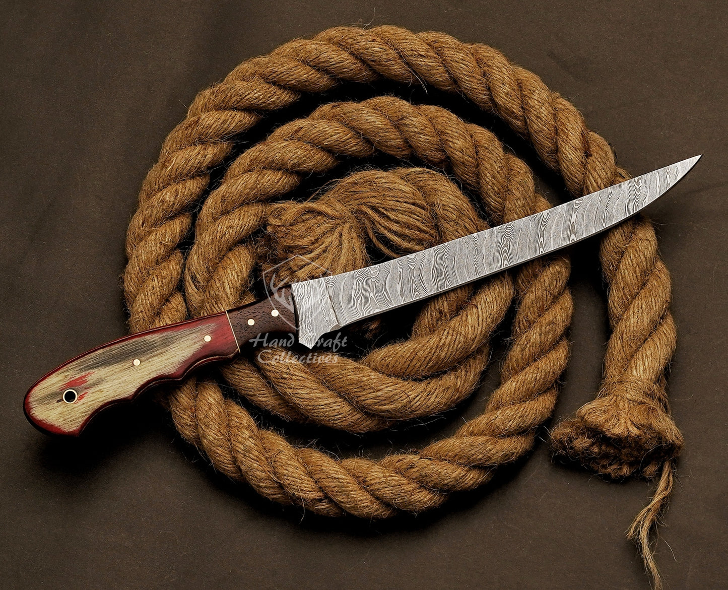 Handmade Damascus Steel Fillet Knife – 13" with Exotic Wood Handle & Leather Sheath -10