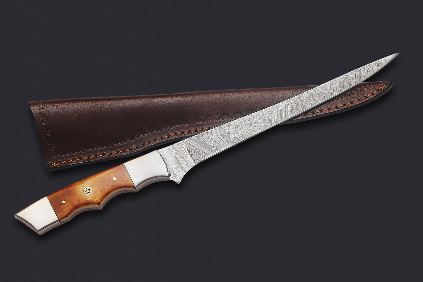 Damascus Steel Fillet Knife – 8" Blade, Burnt Camel Bone Handle