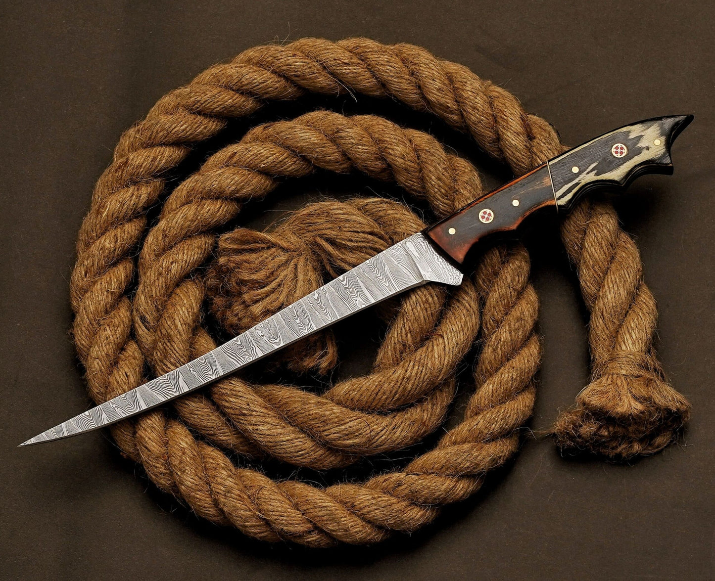 Handmade Damascus Steel Fillet Knife – 13" with Exotic Wood Handle & Leather Sheath