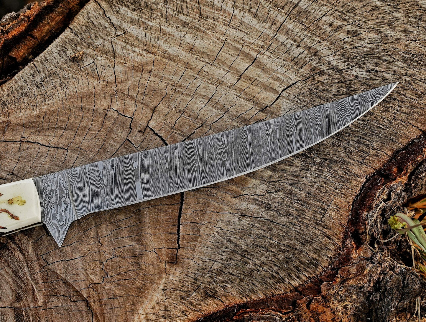 Handmade Damascus Steel Fillet Knife – 13" with Resin Wood Handle & Leather Sheath UF-30