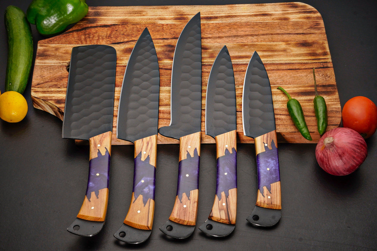 Handmade Carbon Steel Chef Knife Set – Powder Coated Blade with Wood & Resin Handle