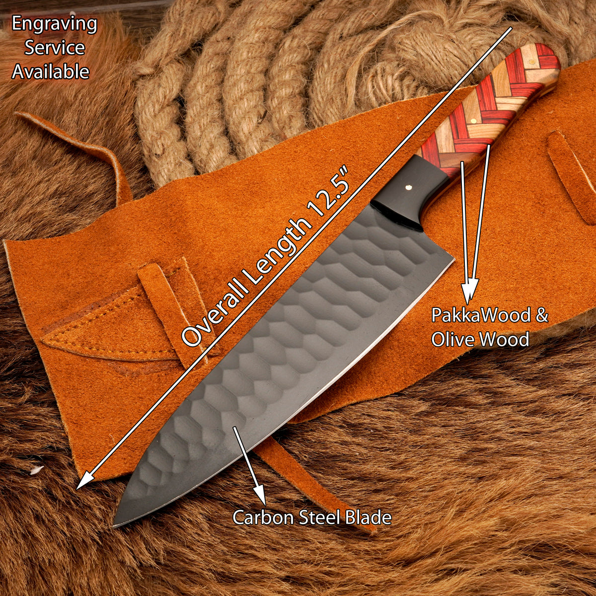 Handmade Carbon Steel Powder-Coated Chef Knife – Olive Wood & Rosewood Handle, 13-Inch