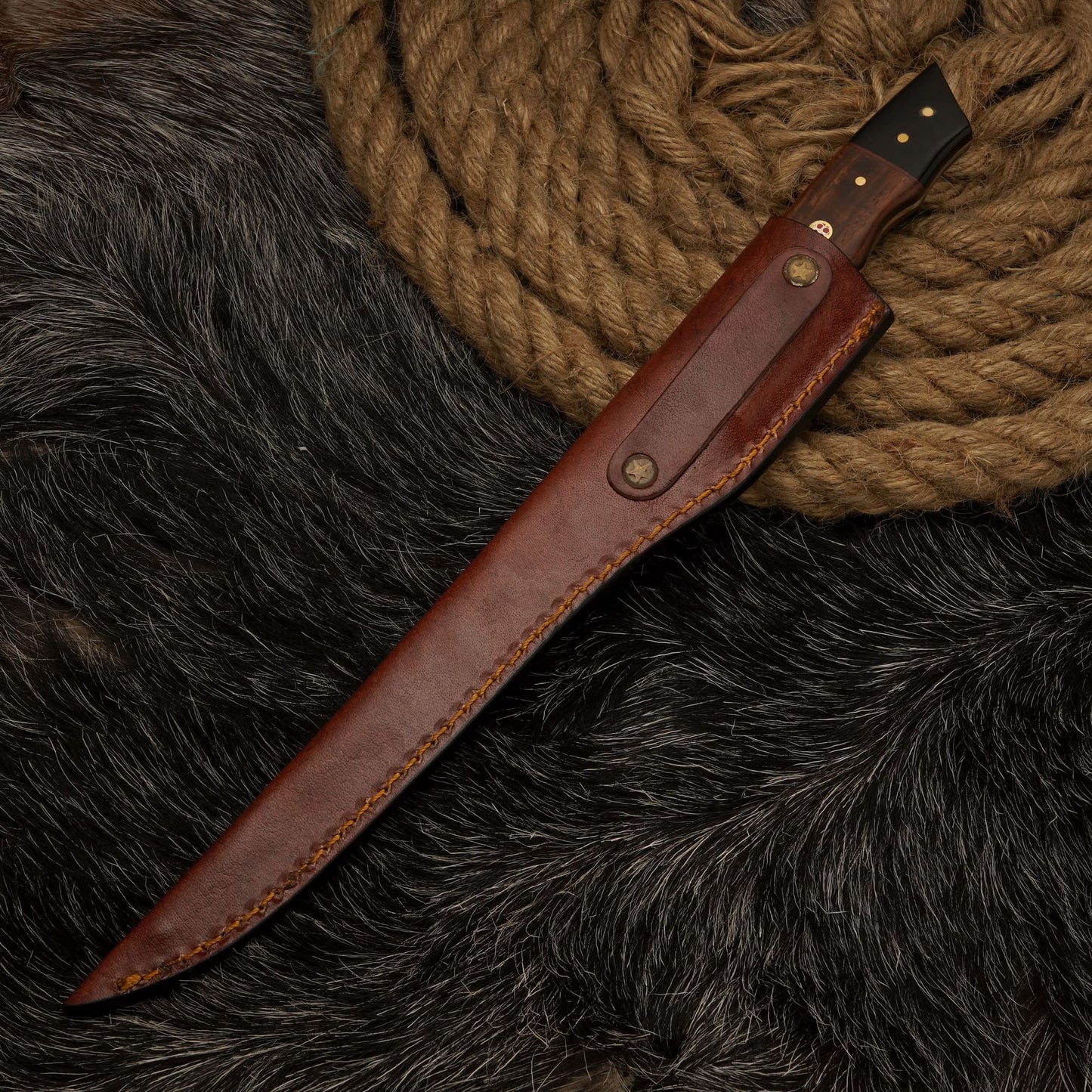 Handmade Damascus Steel Fillet Knife – 12" with Black Horn & Rose Wood Handle & Leather Sheath -13
