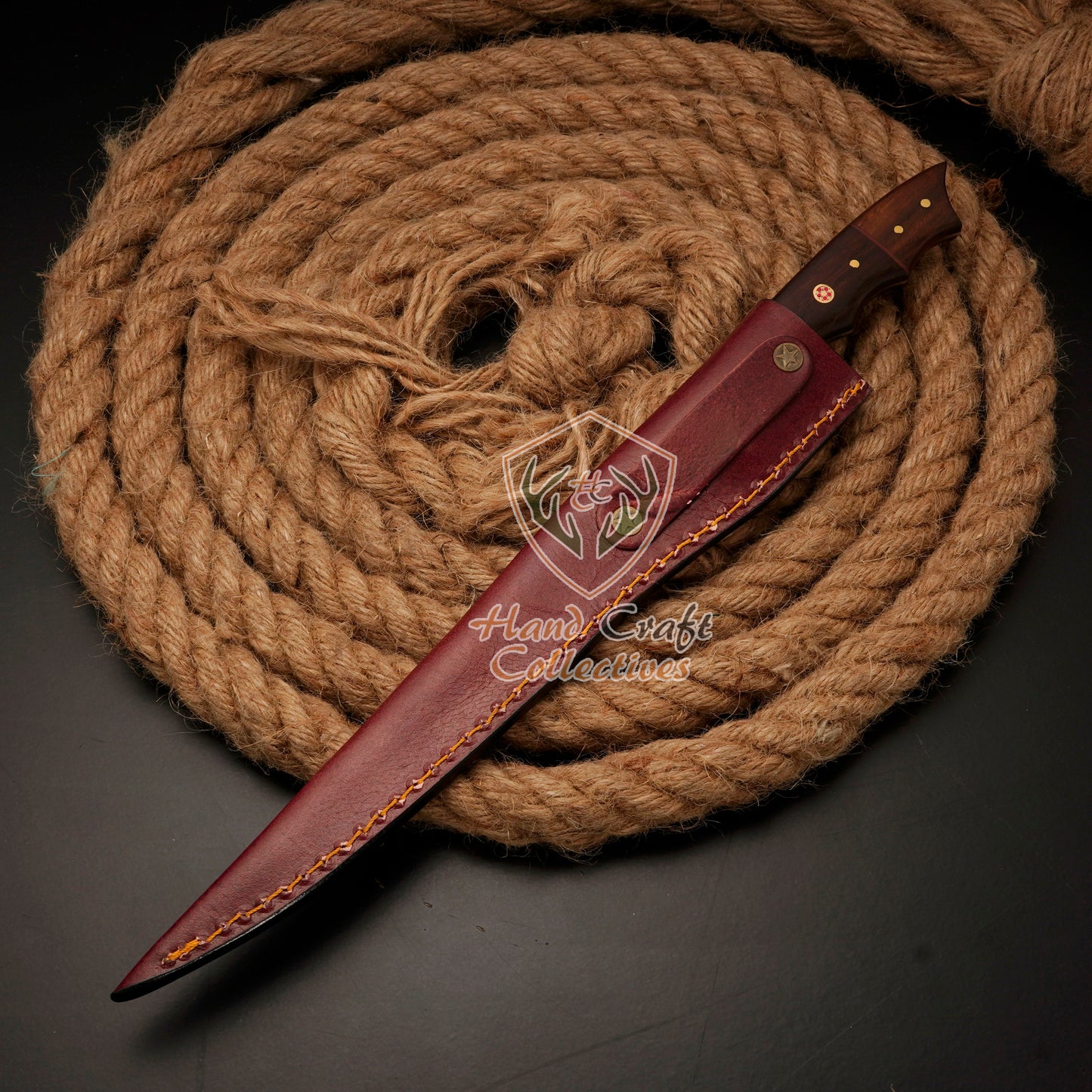 Handmade Stainless Steel Fillet Knife – 13" with Rose Wood Handle & Leather Sheath -F-12