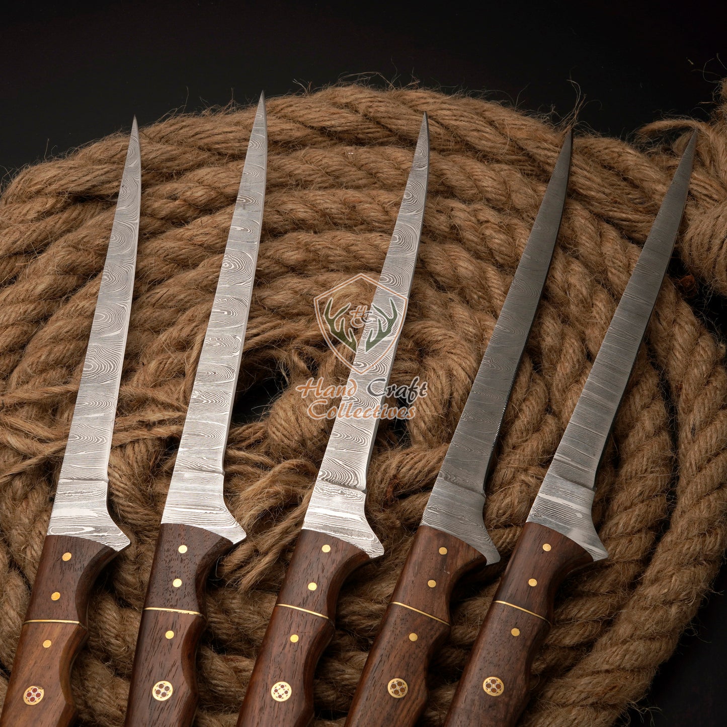 Handmade Damascus Steel Fillet Knife Set – 13" with Rose Wood Handle & Leather Sheath -F-9 5 PC SET