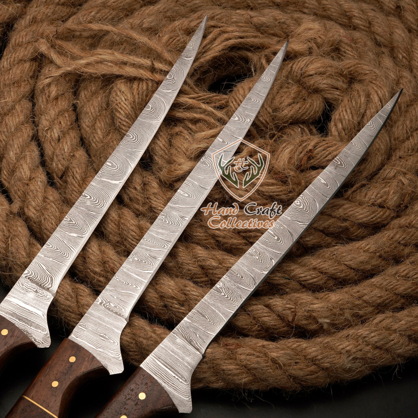 Handmade Damascus Steel Fillet Knife – 13" with Rose WoodHandle & Leather Sheath -F-9 3 PC SET