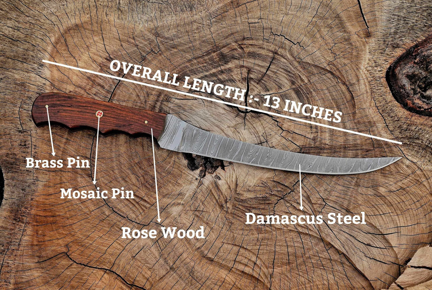 Handmade Damascus Steel Fillet Knife – 13" with Rose Wood Handle & Leather Sheath UF-29