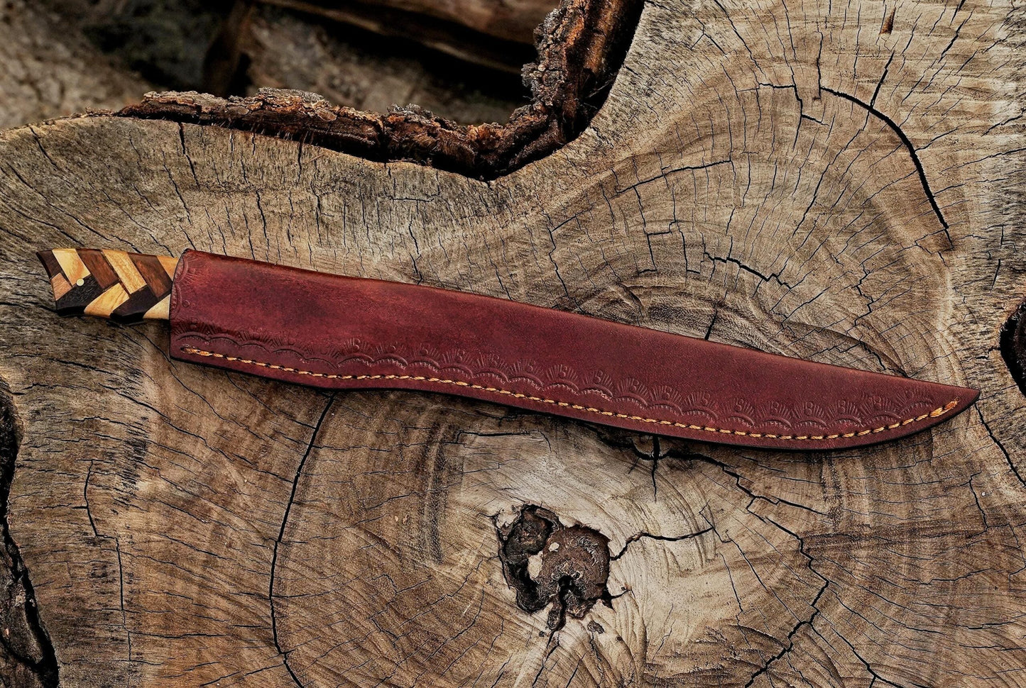 Handmade Damascus Steel Fillet Knife – 13" with Rose & Olive Wood Handle & Leather Sheath UF-28