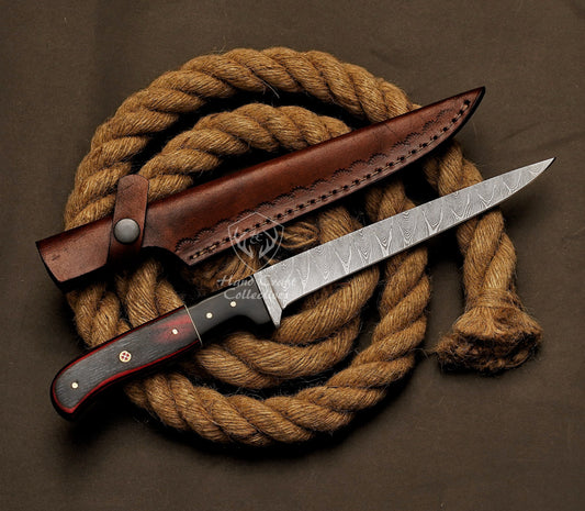 Handmade Damascus Steel Fillet Knife – 13" with Exotic Wood Handle & Leather Sheath -2