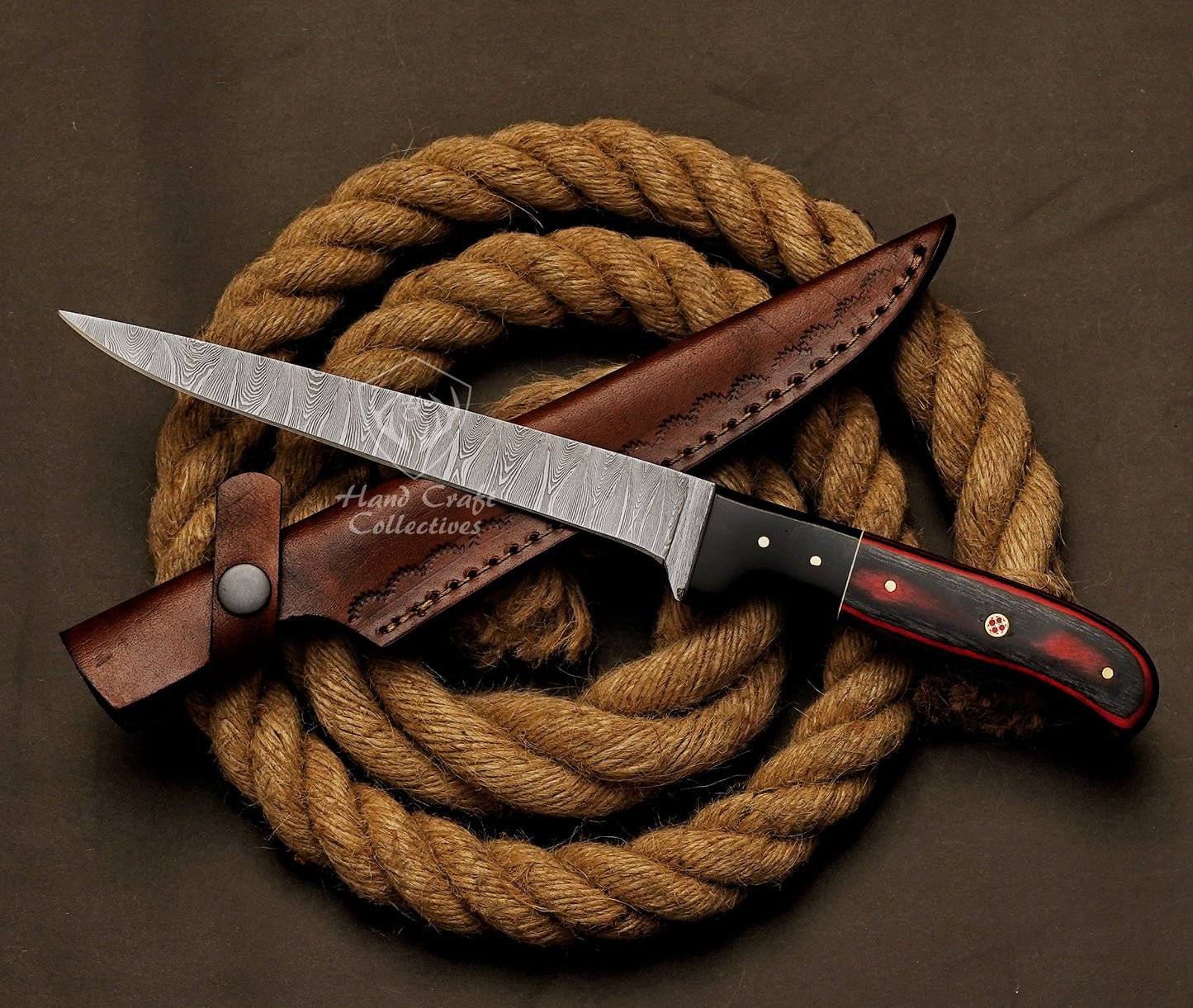 Handmade Damascus Steel Fillet Knife – 13" with Exotic Wood Handle & Leather Sheath -2