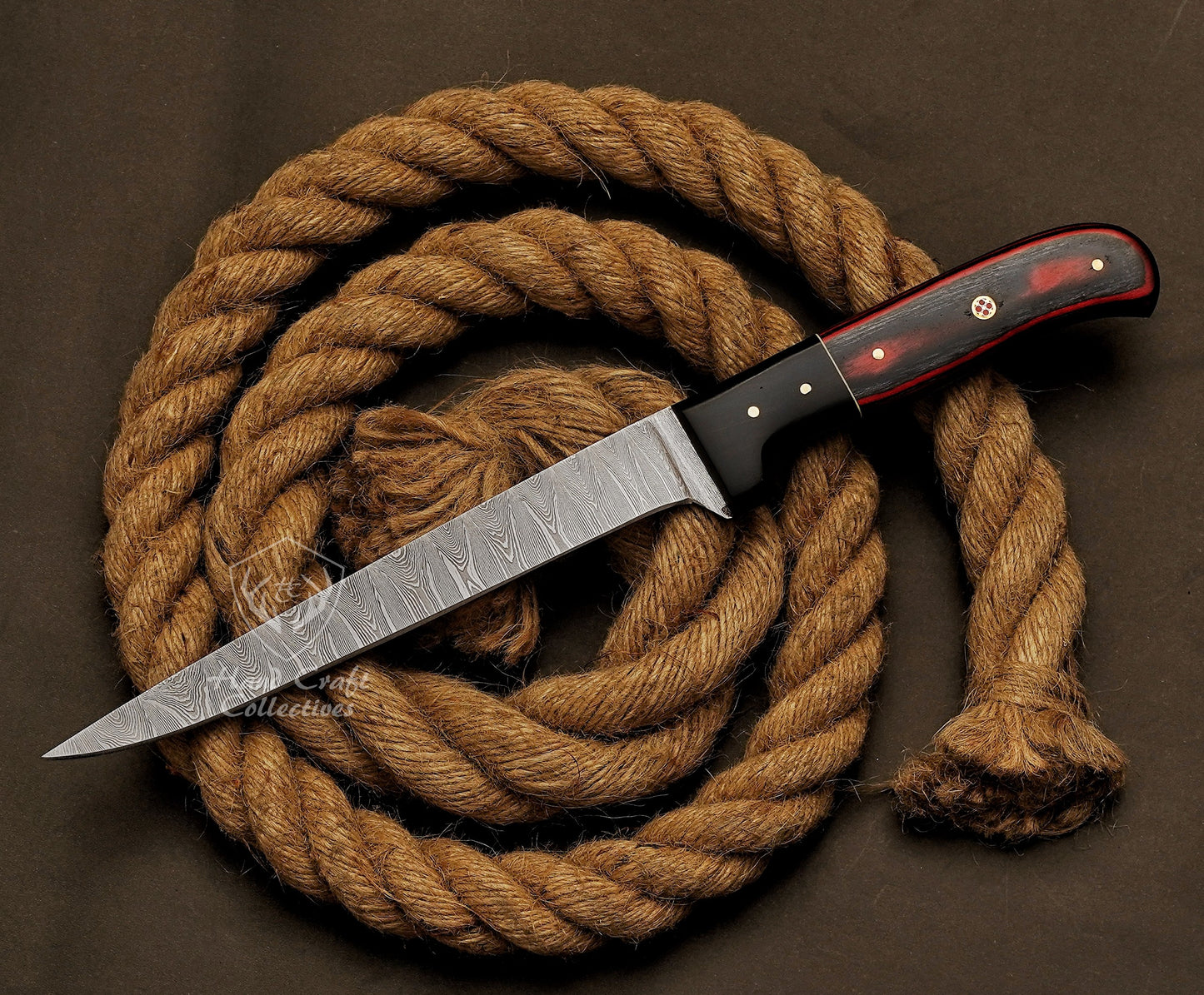 Handmade Damascus Steel Fillet Knife – 13" with Exotic Wood Handle & Leather Sheath -2
