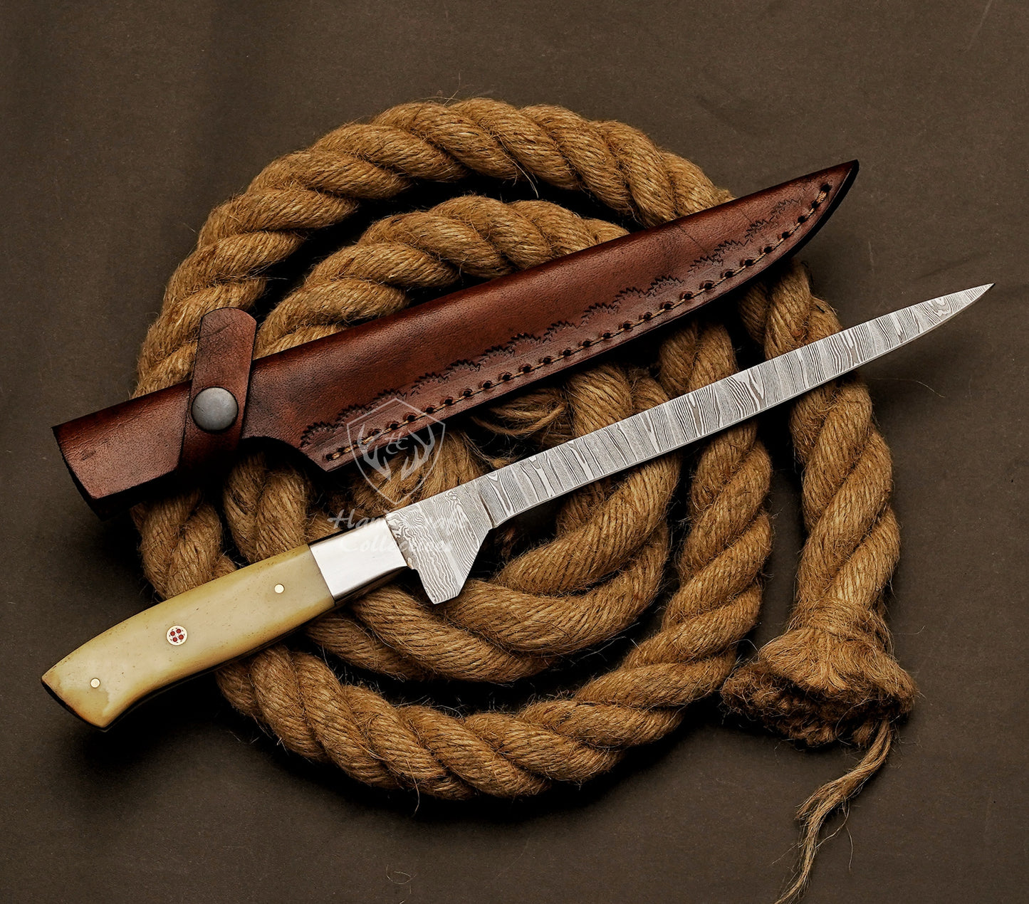 Handmade Damascus Steel Fillet Knife – 13" with Wooden Handle & Leather Sheath -3