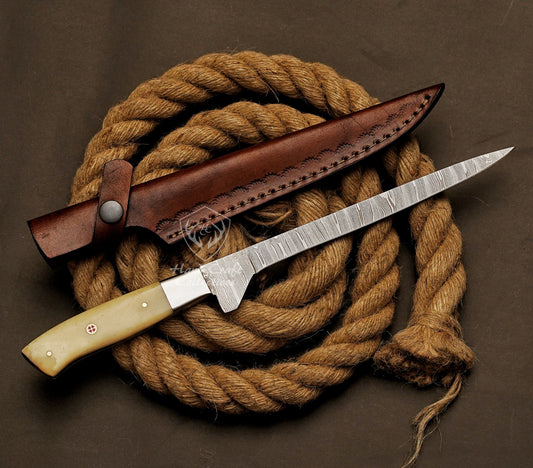 Handmade Damascus Steel Fillet Knife – 13" with Wooden Handle & Leather Sheath -3