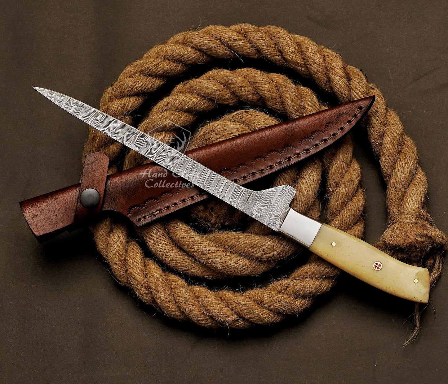 Handmade Damascus Steel Fillet Knife – 13" with Wooden Handle & Leather Sheath -3