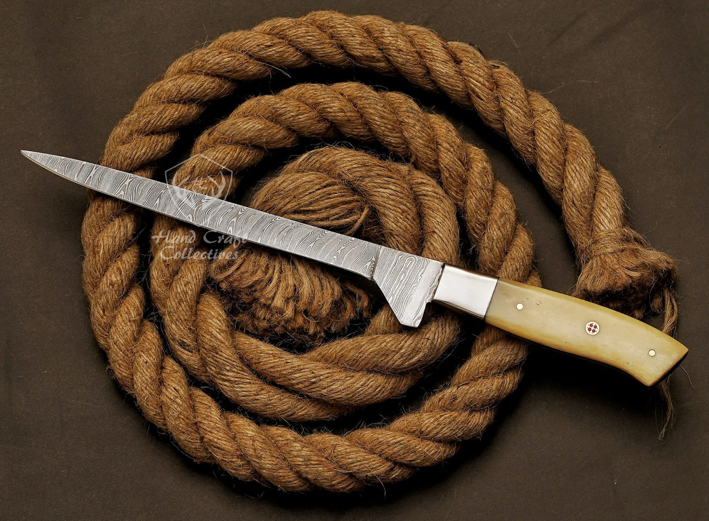 Handmade Damascus Steel Fillet Knife – 13" with Wooden Handle & Leather Sheath -3