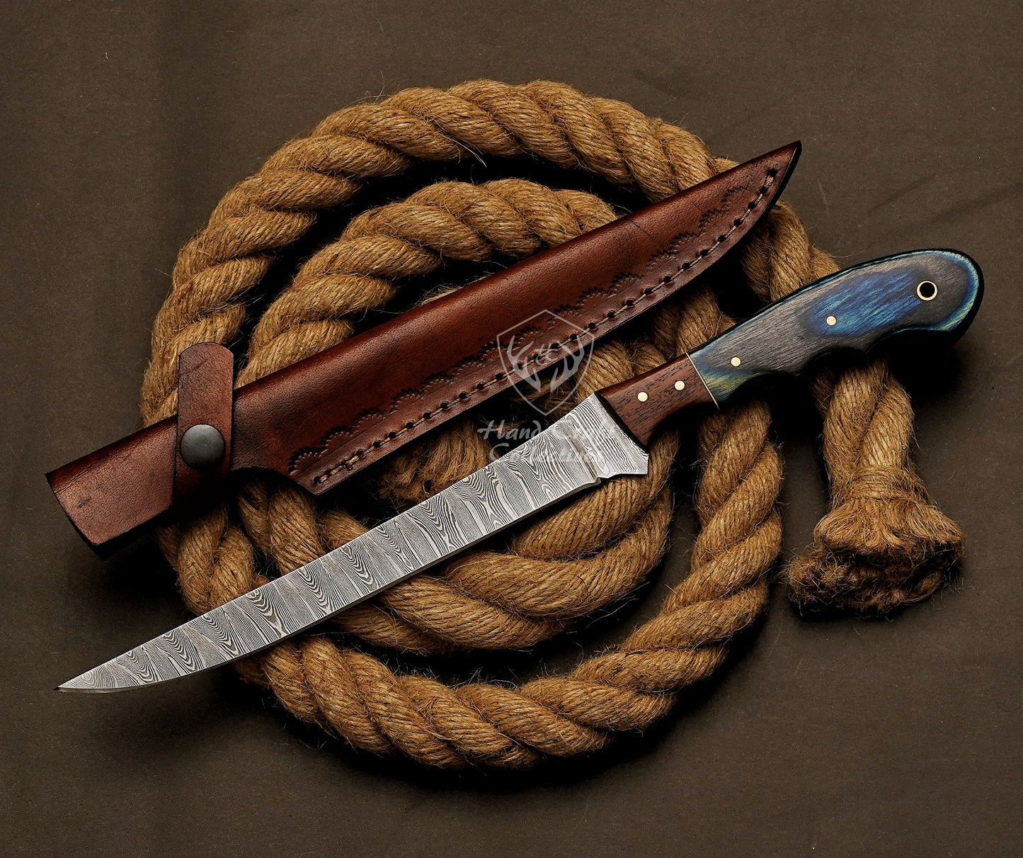 Handmade Damascus Steel Fillet Knife – 13" with Exotic Wood Handle & Leather Sheath -4