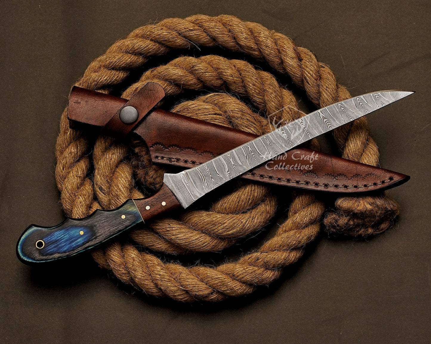 Handmade Damascus Steel Fillet Knife – 13" with Exotic Wood Handle & Leather Sheath -4