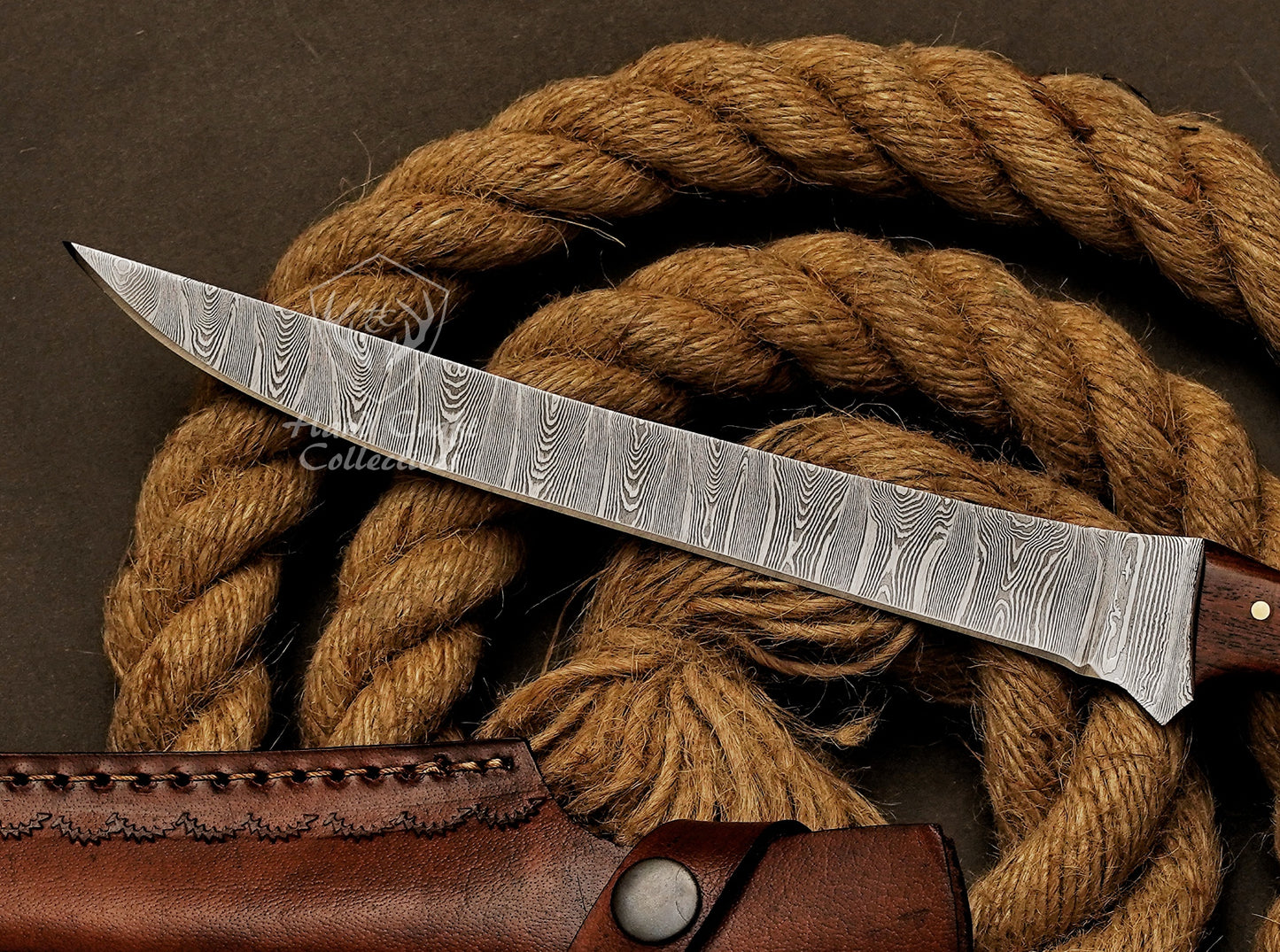 Handmade Damascus Steel Fillet Knife – 13" with Exotic Wood Handle & Leather Sheath -5