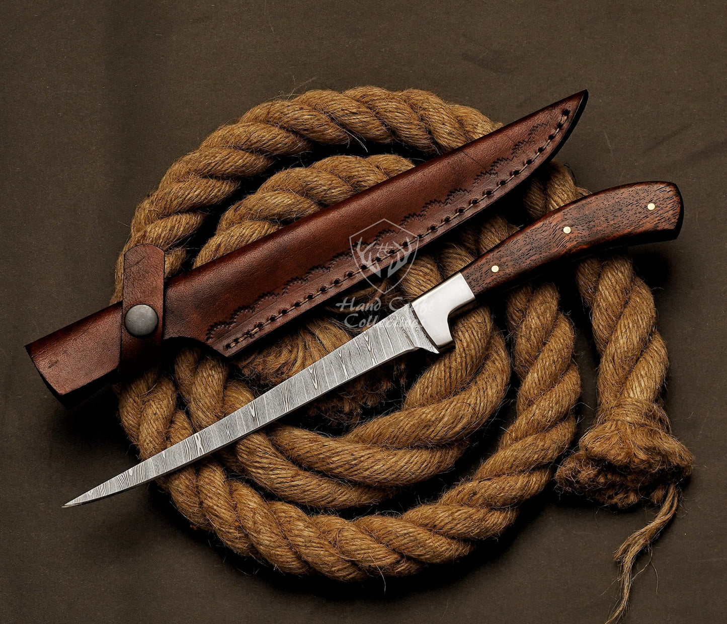 Handmade Damascus Steel Fillet Knife – 13" with Rose Wood Handle & Leather Sheath -6