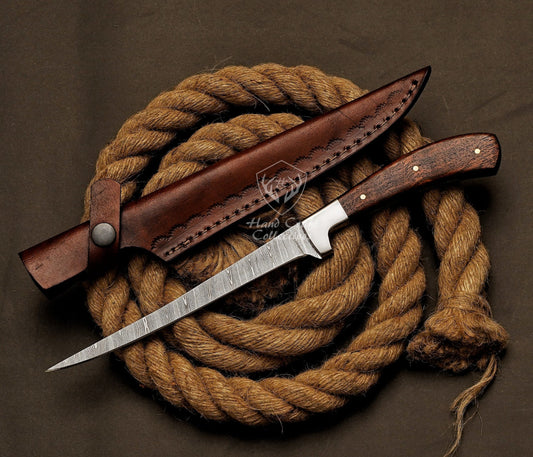 Handmade Damascus Steel Fillet Knife – 13" with Rose Wood Handle & Leather Sheath -6