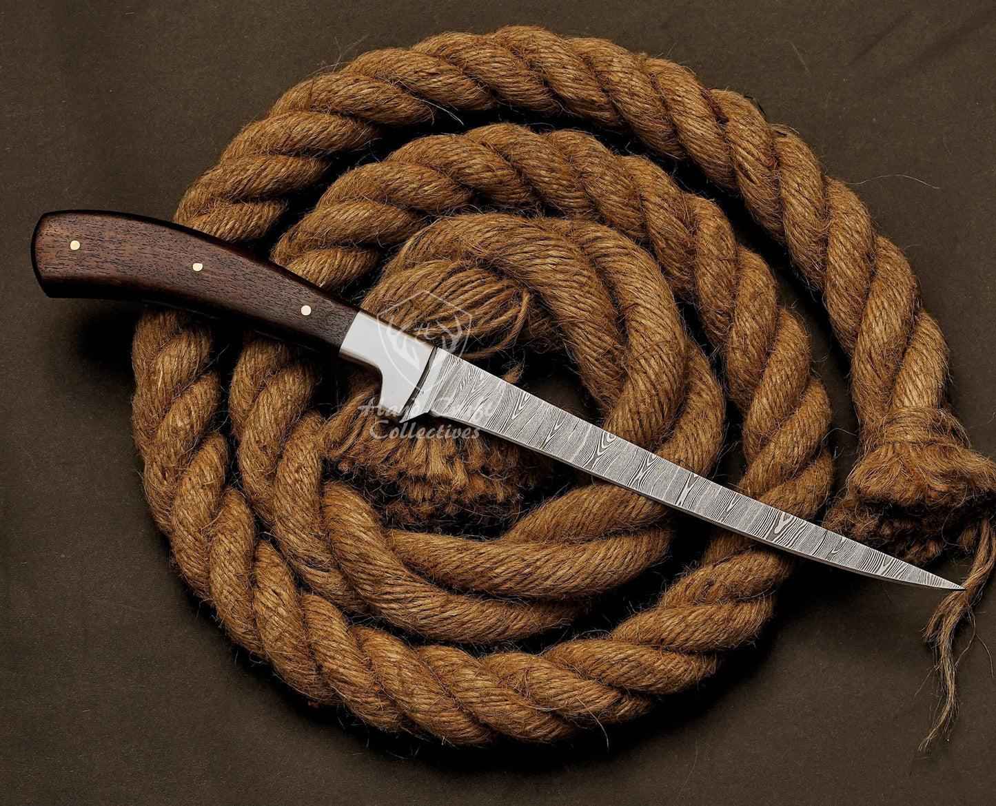 Handmade Damascus Steel Fillet Knife – 13" with Rose Wood Handle & Leather Sheath -6