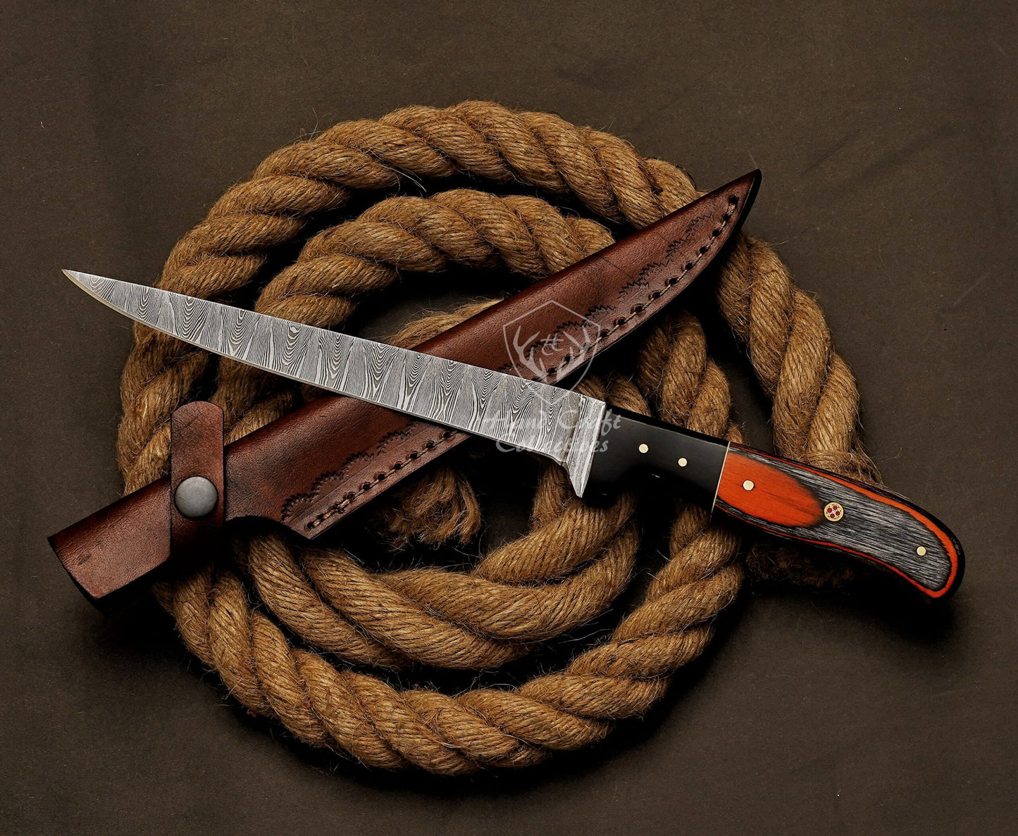 Handmade Damascus Steel Fillet Knife – 13" with Exotic Wood Handle & Leather Sheath -7