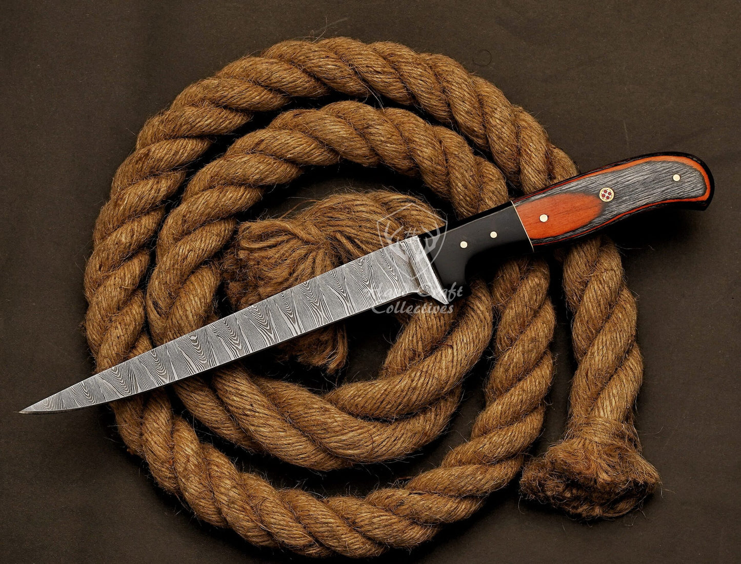 Handmade Damascus Steel Fillet Knife – 13" with Exotic Wood Handle & Leather Sheath -7