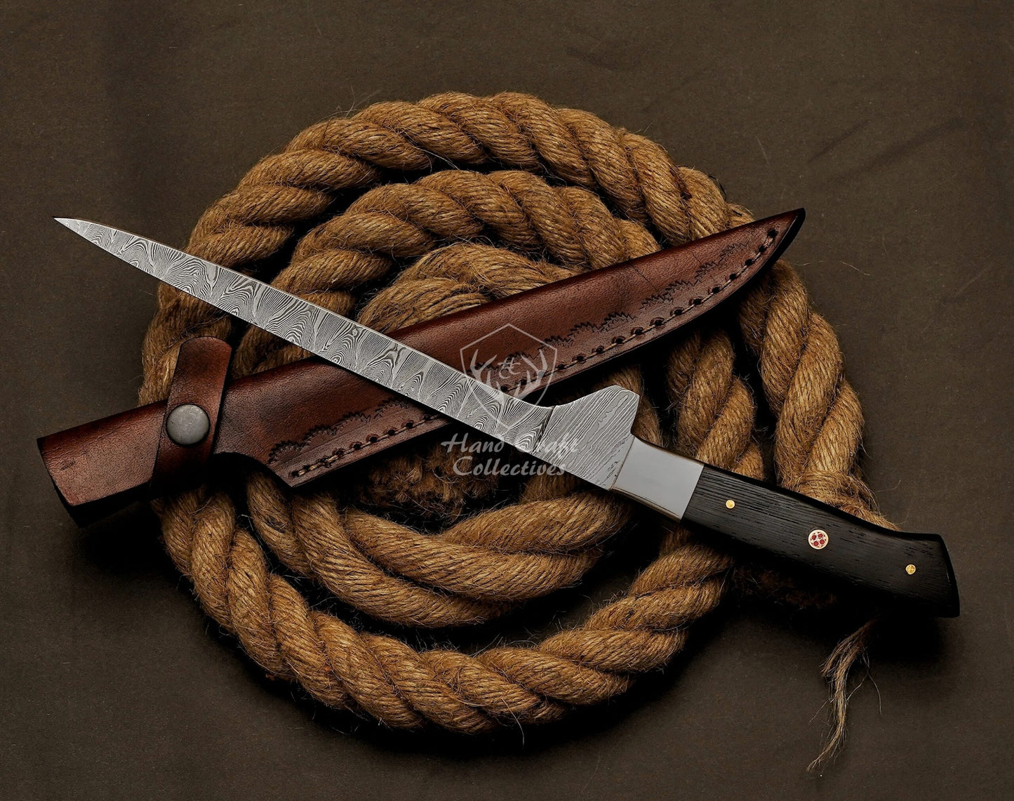 Handmade Damascus Steel Fillet Knife – 13" with Wange Wood Handle & Leather Sheath -8