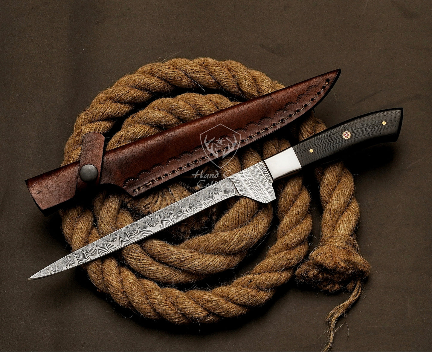 Handmade Damascus Steel Fillet Knife – 13" with Wange Wood Handle & Leather Sheath -8