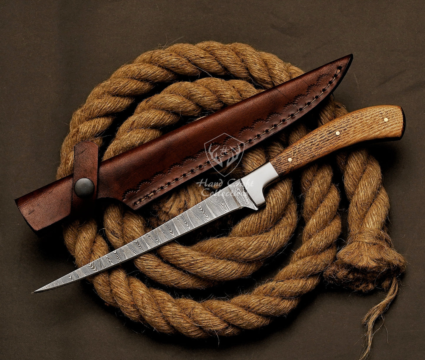 Handmade Damascus Steel Fillet Knife – 13" with Rose Wood & Steel Bolster Handle & Leather Sheath -9