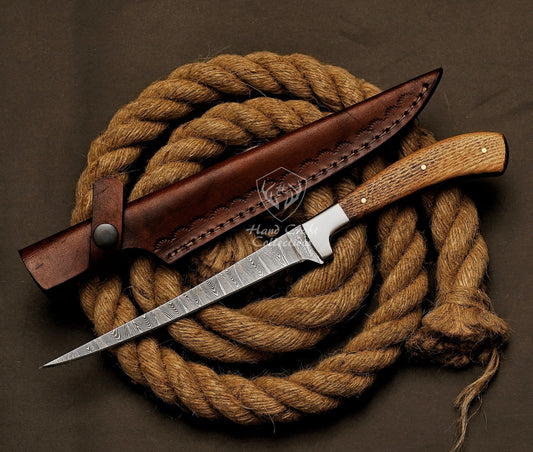 Handmade Damascus Steel Fillet Knife – 13" with Rose Wood & Steel Bolster Handle & Leather Sheath -9