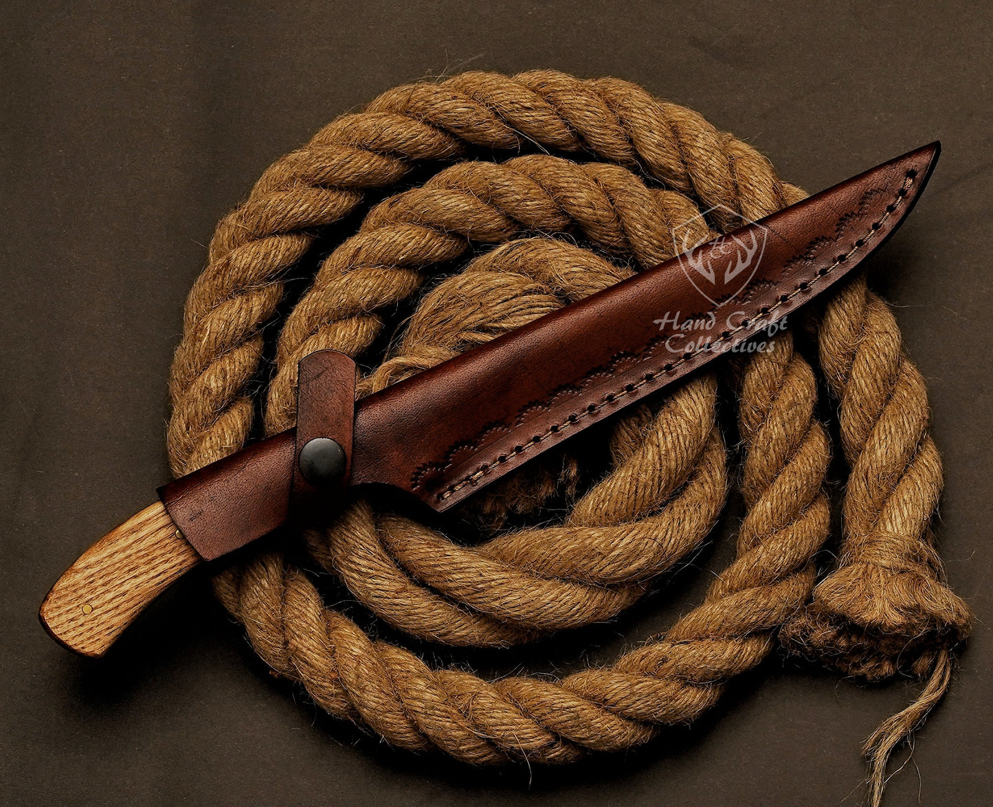 Handmade Damascus Steel Fillet Knife – 13" with Rose Wood & Steel Bolster Handle & Leather Sheath -9