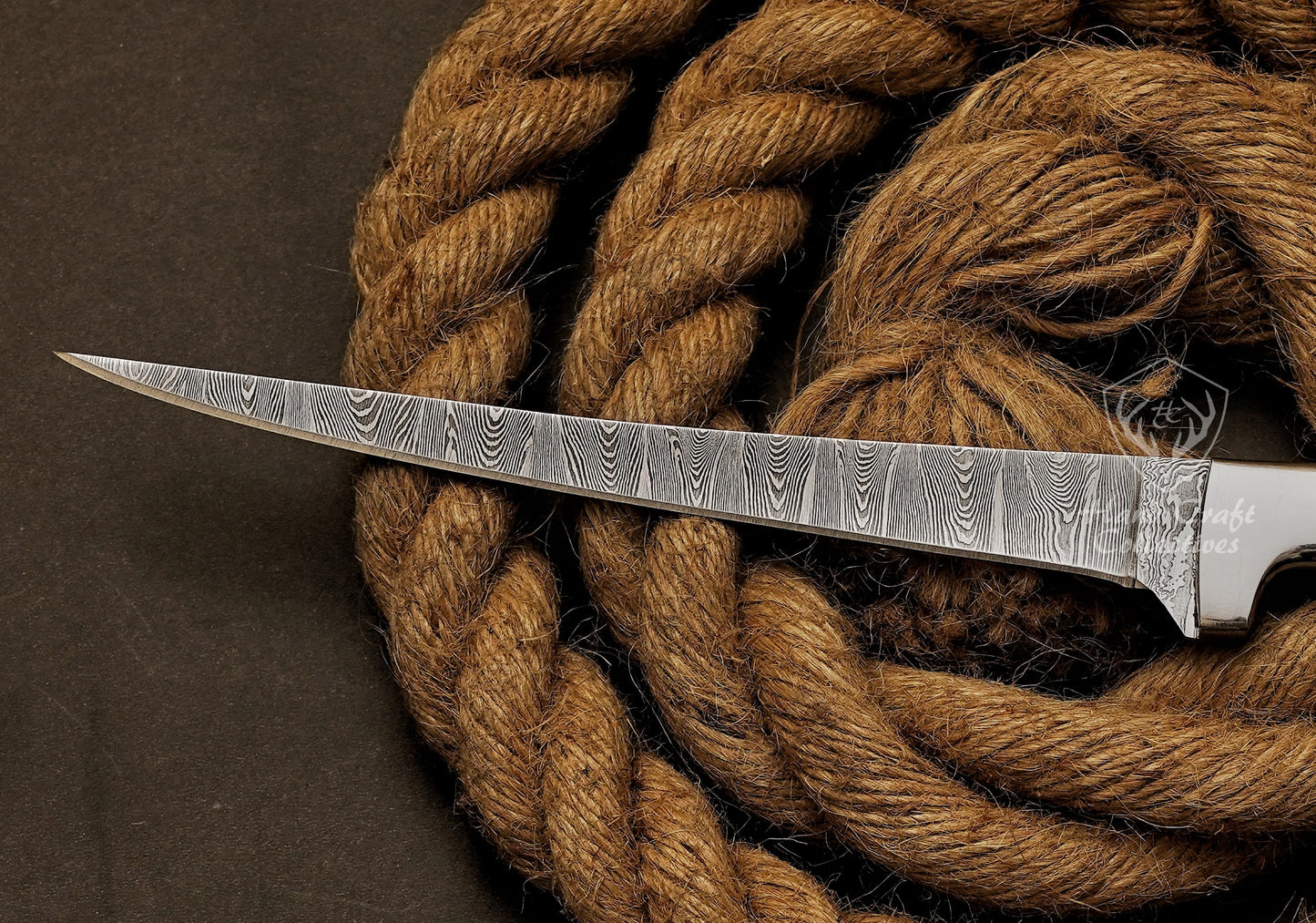 Handmade Damascus Steel Fillet Knife – 13" with Rose Wood & Steel Bolster Handle & Leather Sheath -9