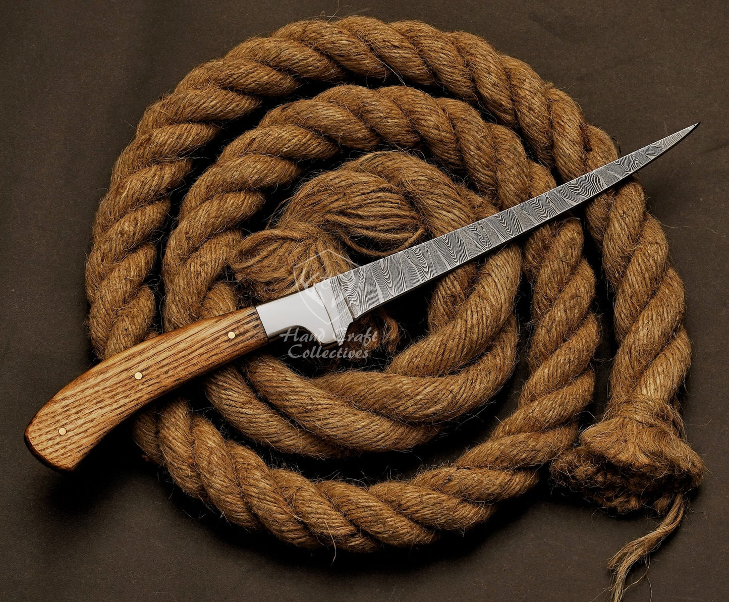 Handmade Damascus Steel Fillet Knife – 13" with Rose Wood & Steel Bolster Handle & Leather Sheath -9