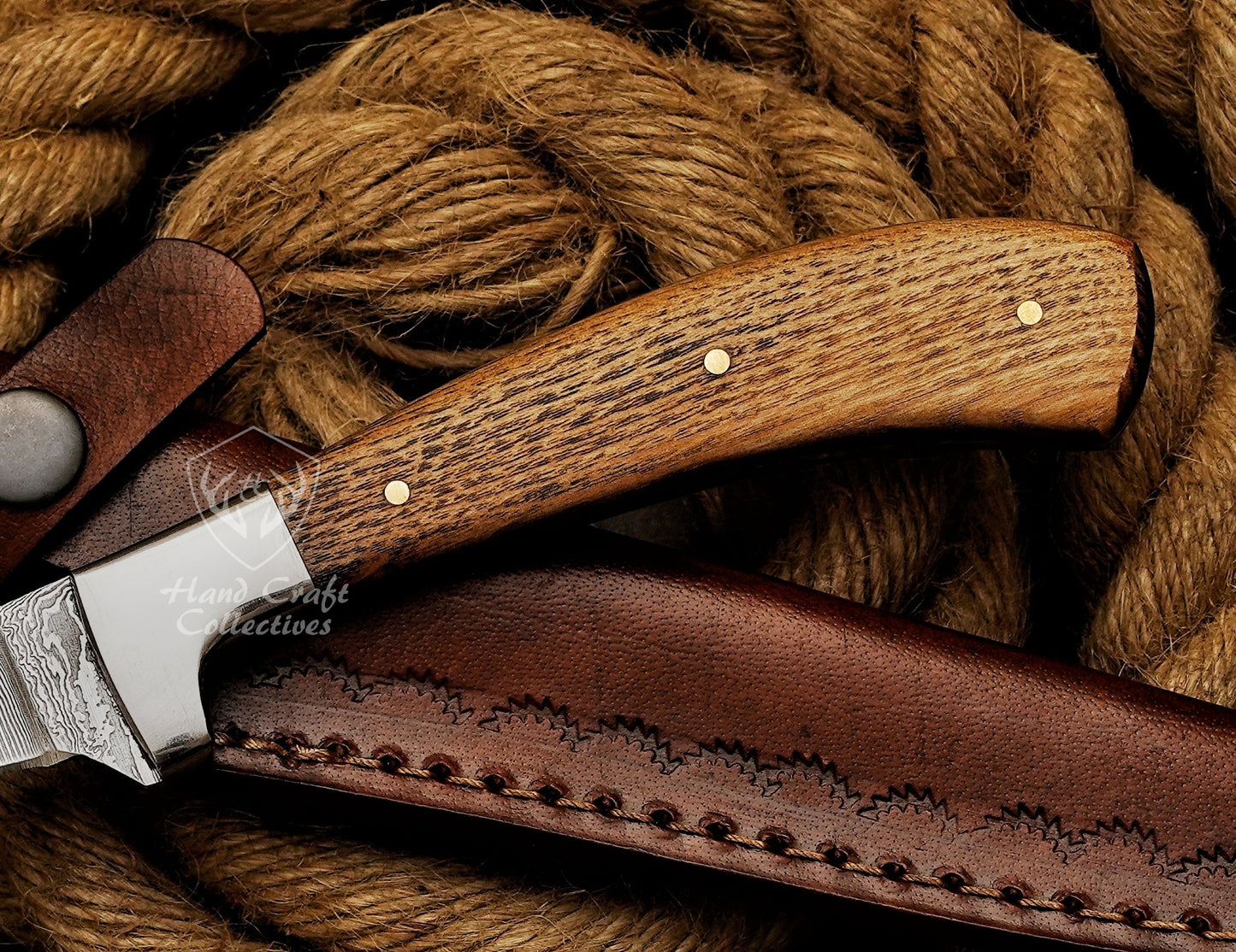 Handmade Damascus Steel Fillet Knife – 13" with Rose Wood & Steel Bolster Handle & Leather Sheath -9