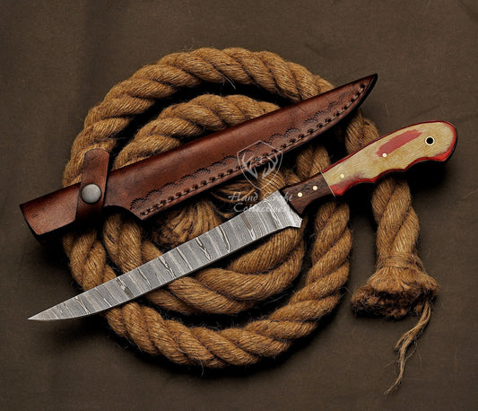 Handmade Damascus Steel Fillet Knife – 13" with Exotic Wood Handle & Leather Sheath -10