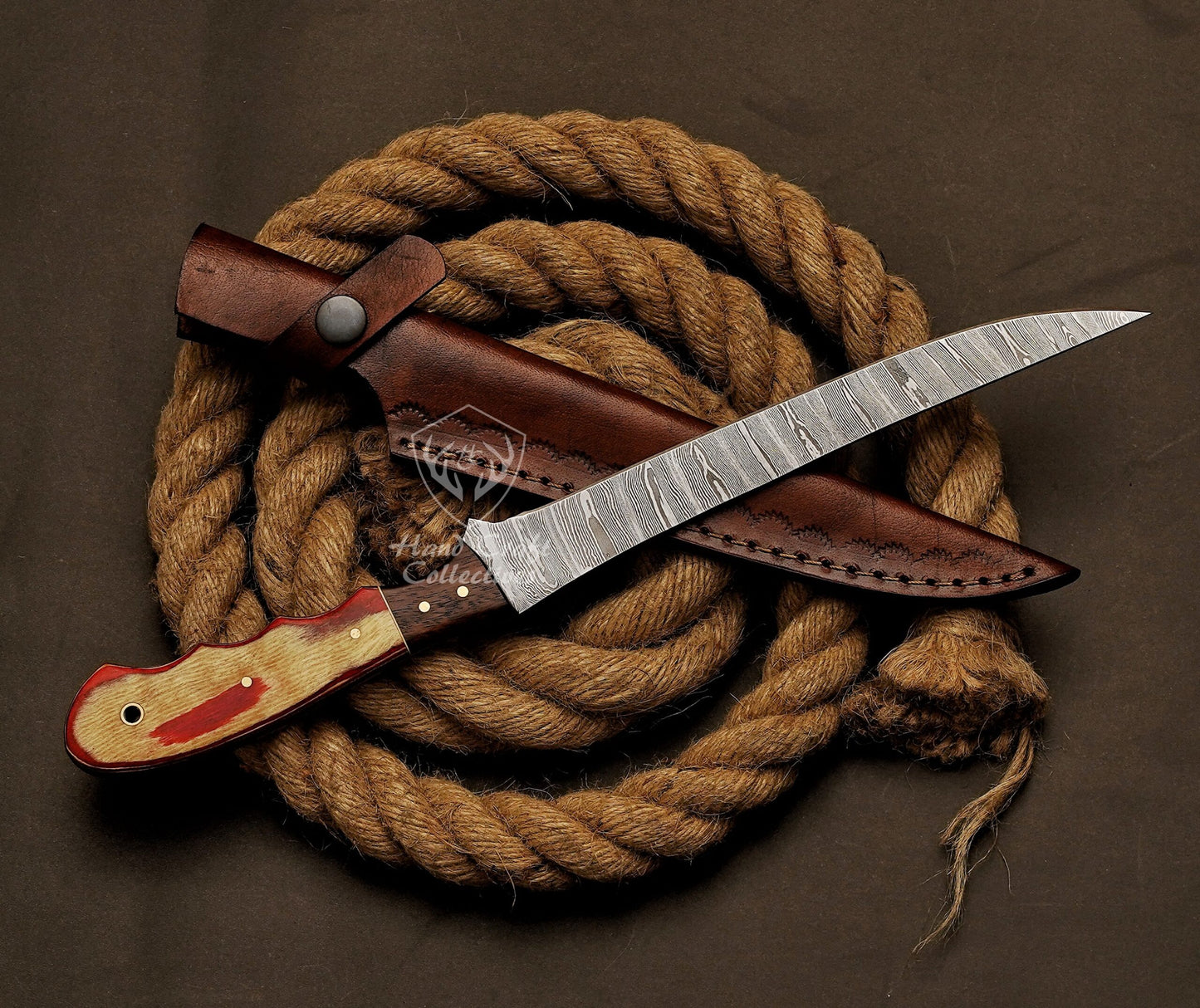 Handmade Damascus Steel Fillet Knife – 13" with Exotic Wood Handle & Leather Sheath -10