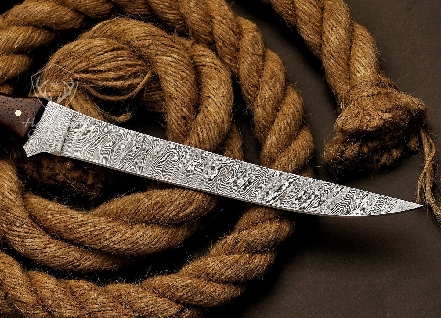 Handmade Damascus Steel Fillet Knife – 13" with Exotic Wood Handle & Leather Sheath -10