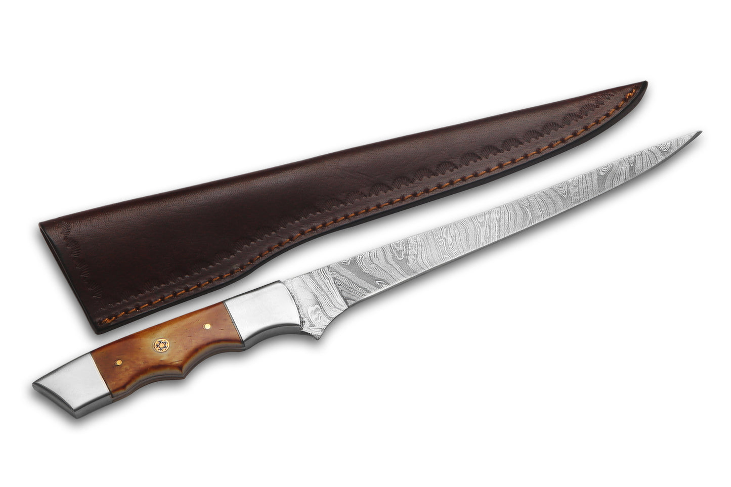 Damascus Steel Fillet Knife – 8" Blade, Burnt Camel Bone Handle