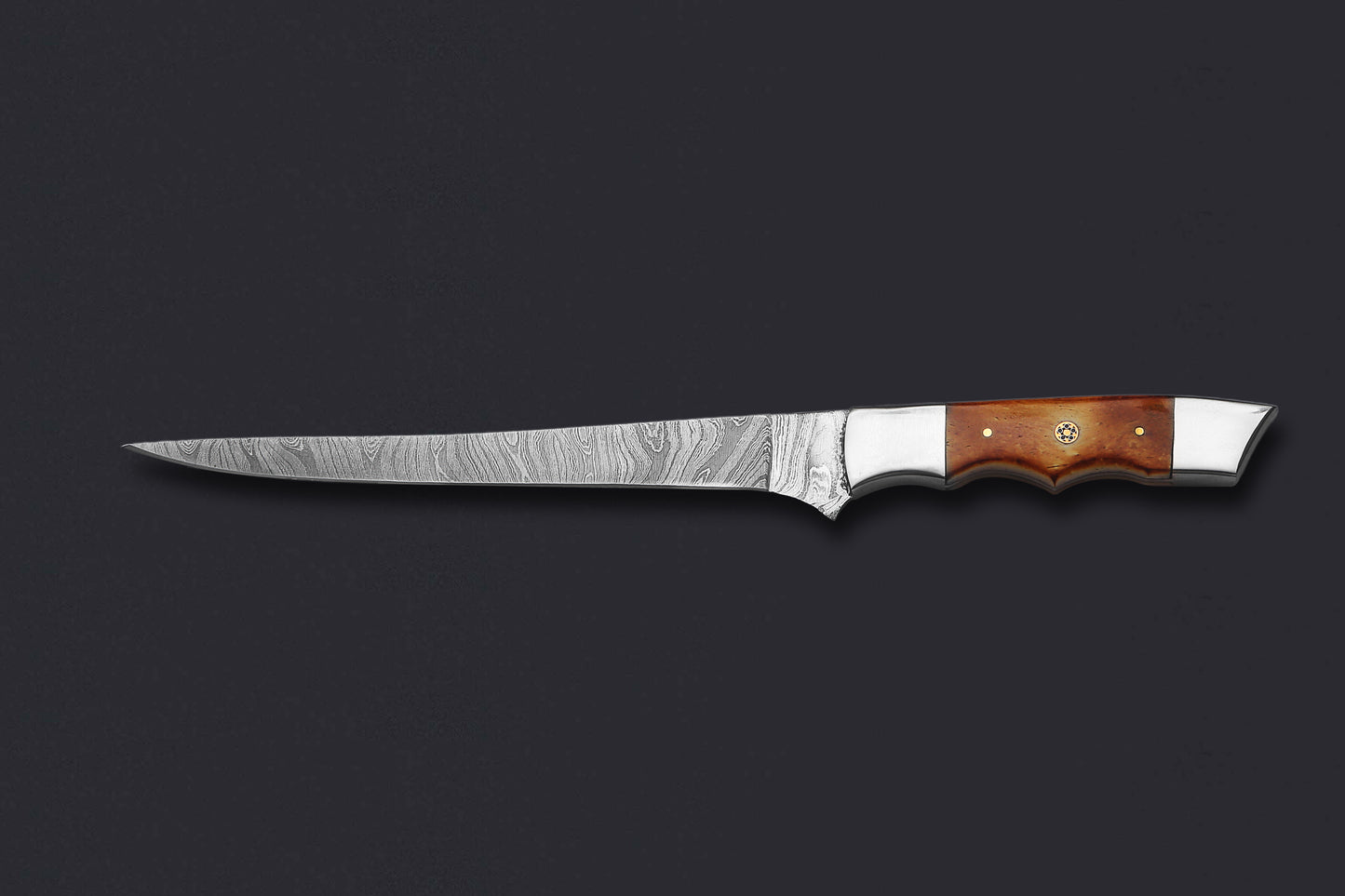 Damascus Steel Fillet Knife – 8" Blade, Burnt Camel Bone Handle