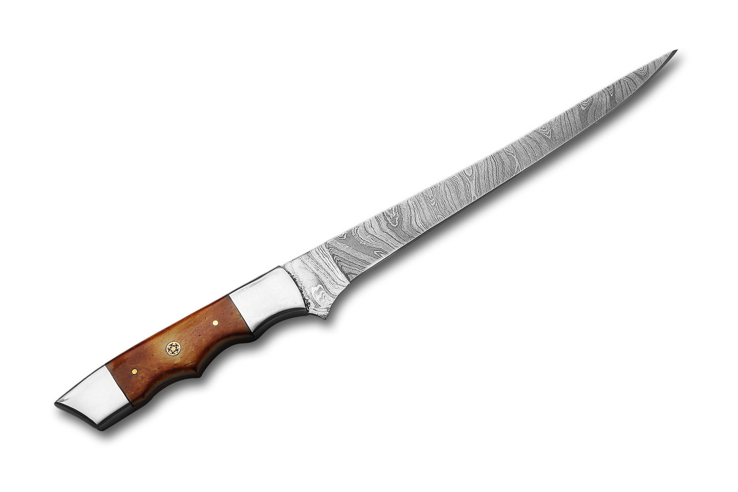 Damascus Steel Fillet Knife – 8" Blade, Burnt Camel Bone Handle
