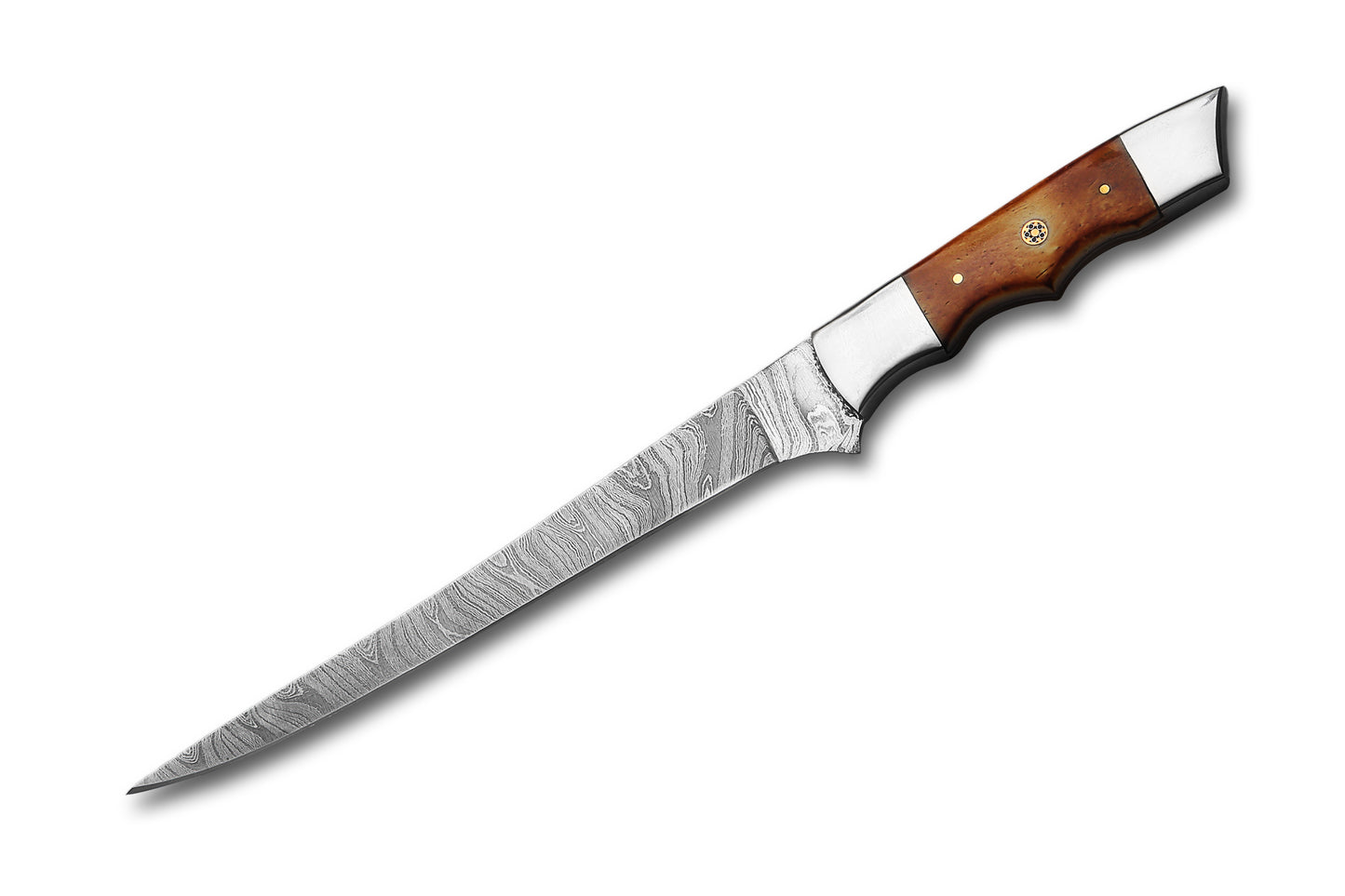 Damascus Steel Fillet Knife – 8" Blade, Burnt Camel Bone Handle