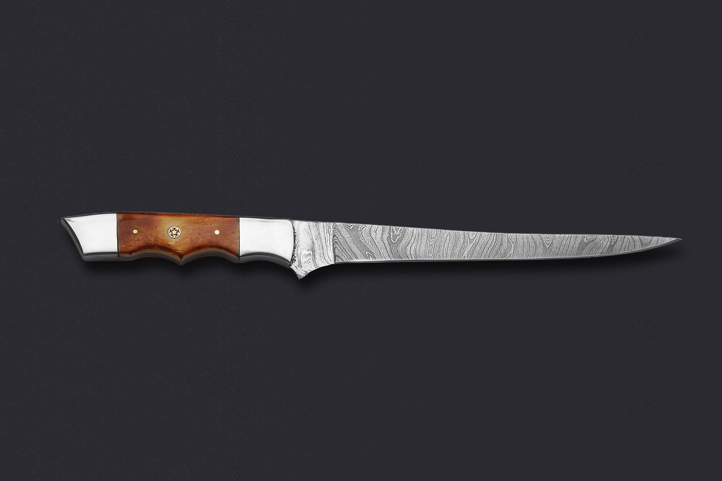 Damascus Steel Fillet Knife – 8" Blade, Burnt Camel Bone Handle