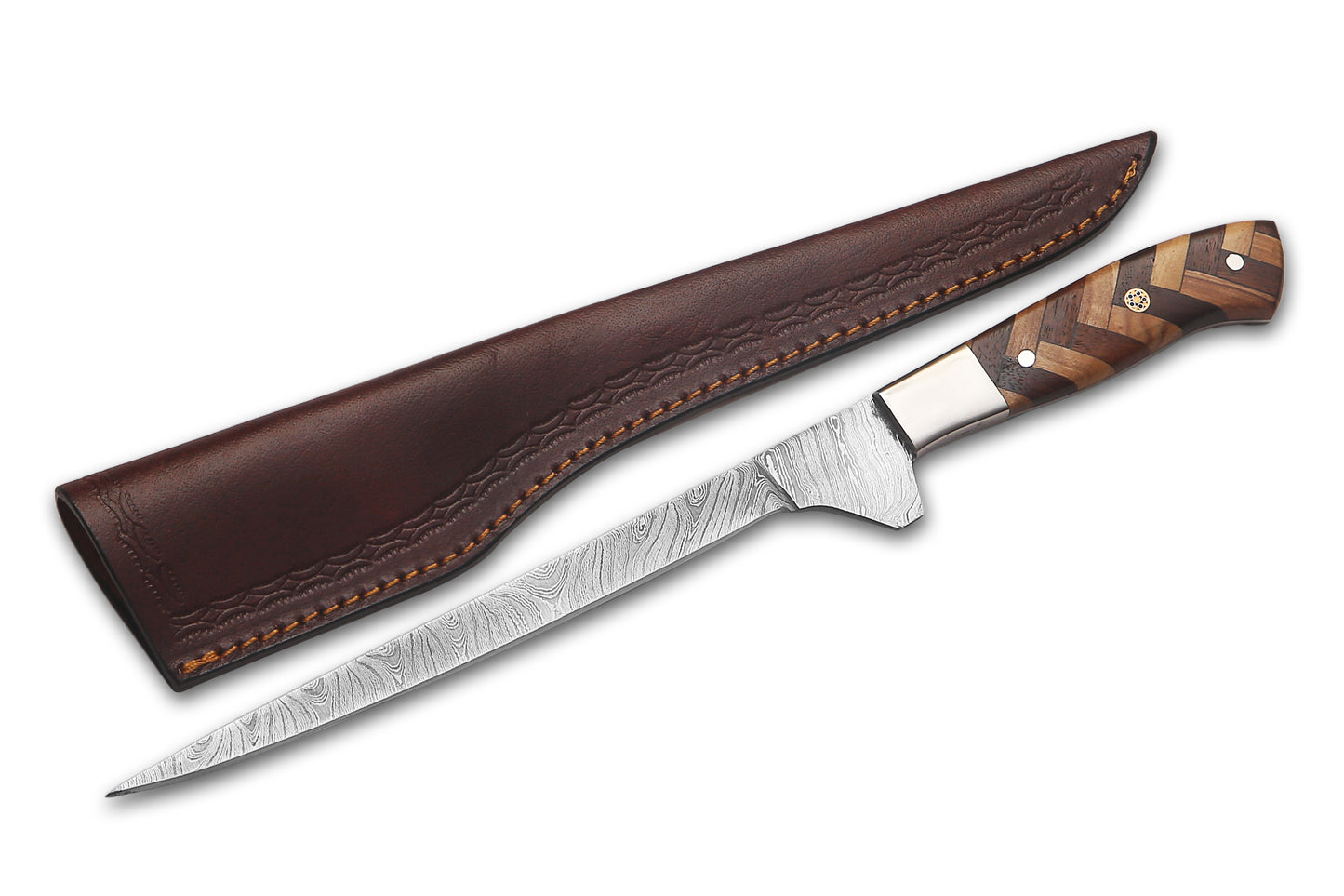 Damascus Steel Fillet Knife – 7" Blade, Rosewood & Olivewood Handle