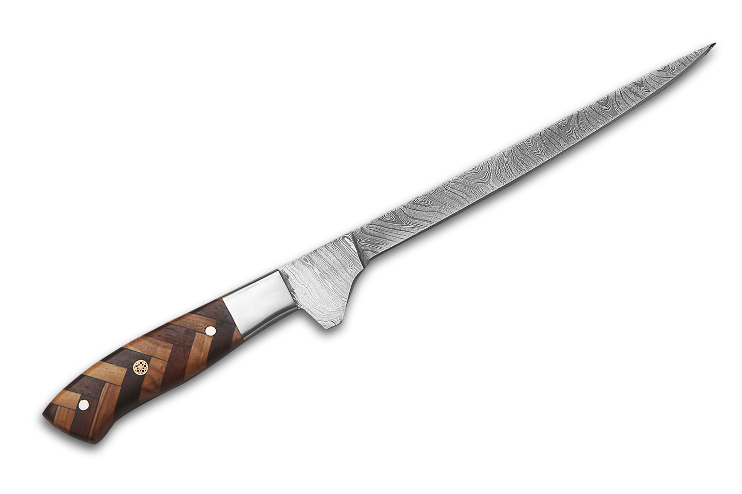 Damascus Steel Fillet Knife – 7" Blade, Rosewood & Olivewood Handle
