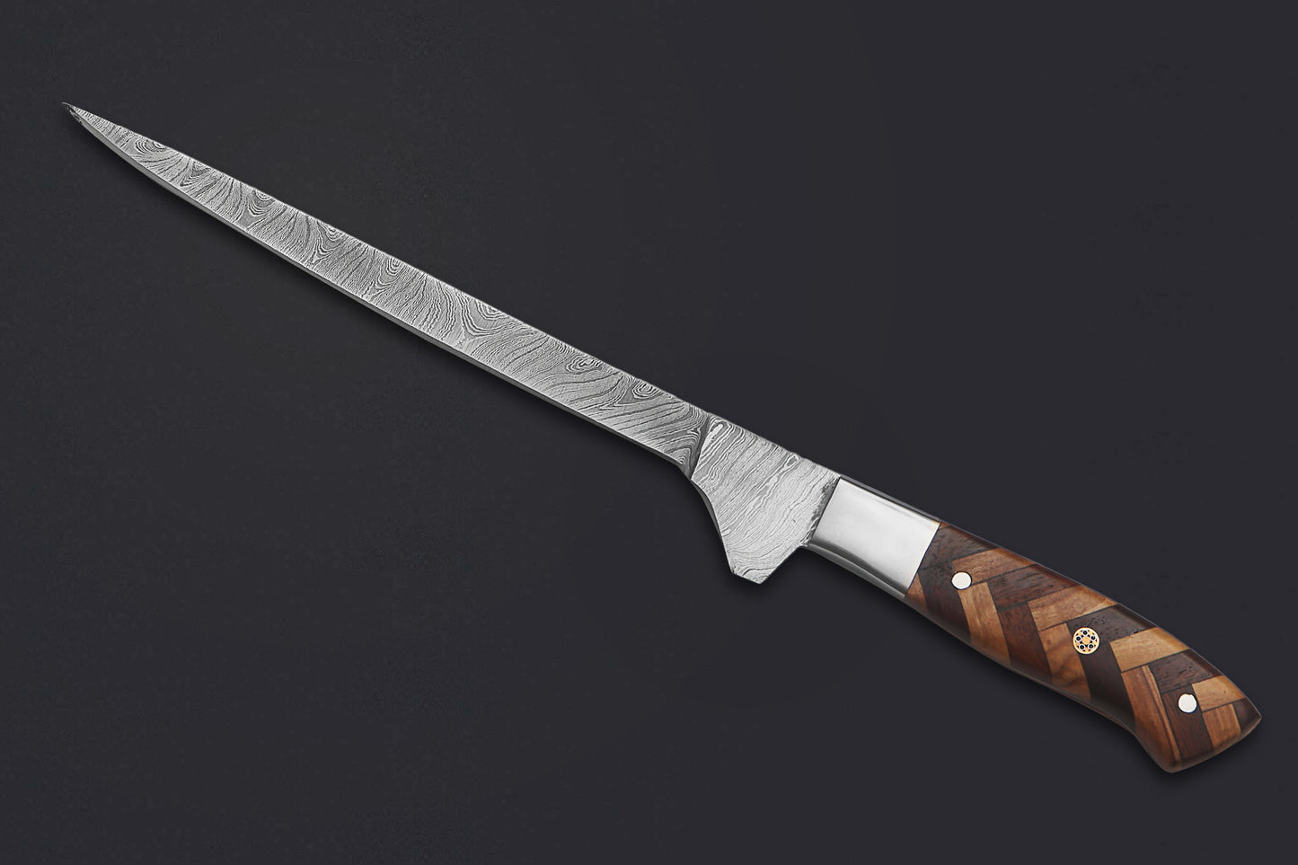 Damascus Steel Fillet Knife – 7" Blade, Rosewood & Olivewood Handle