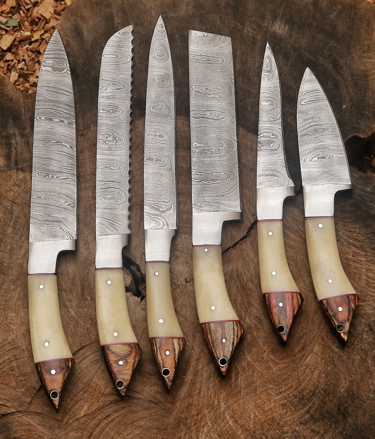 Custom Handmade Damascus Steel Chef Knife Set – Camel Bone & Exotic Wood Handle